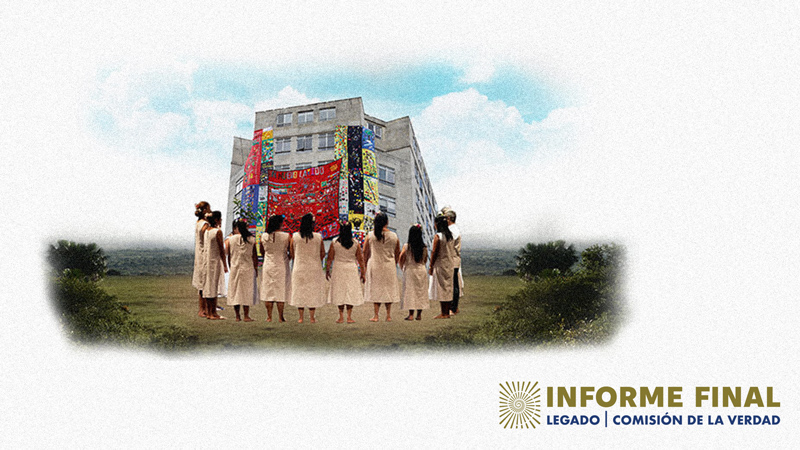 Collage, composición conformada por mujeres en círculo de espalda, fachada de edificio con elementos textiles y paisaje