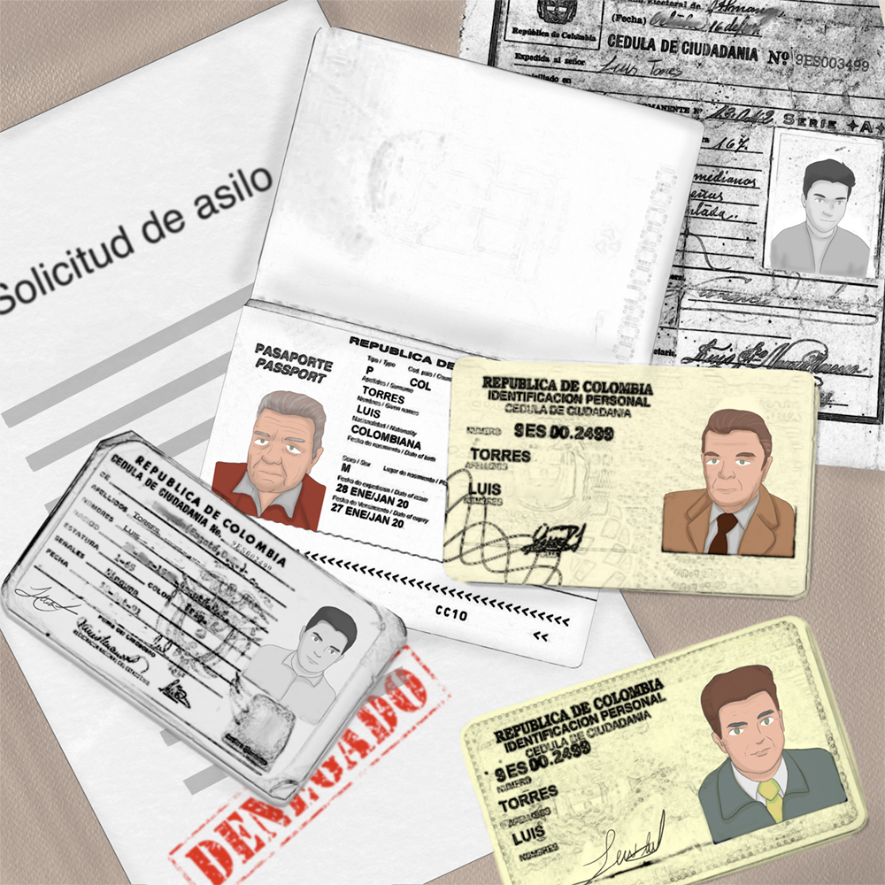 Ilustración de varias cedulas de ciudadanía de la misma persona pero en diferentes épocas, también, un documento de solicitud de exilio denegado