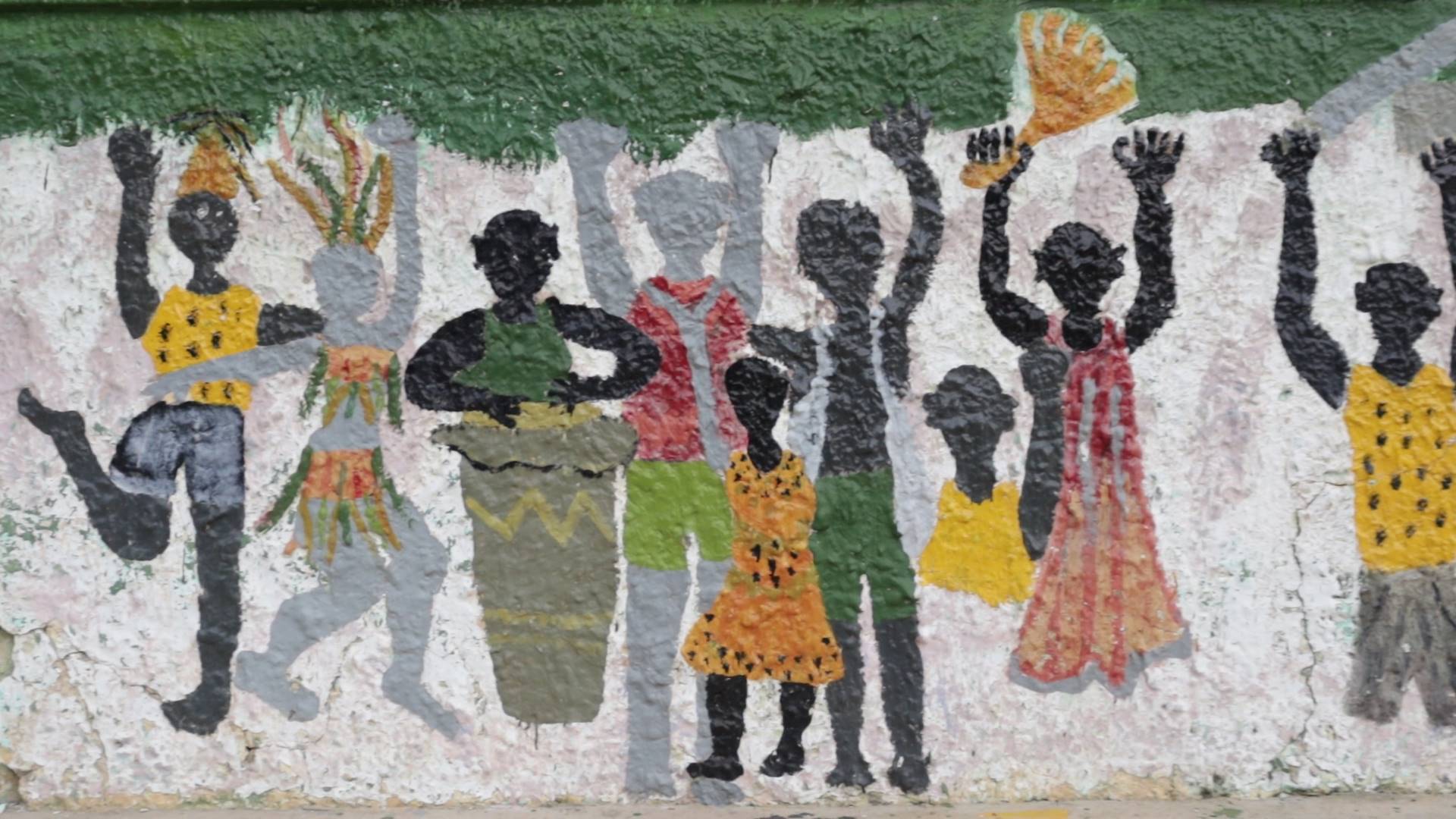 Mural en una calle del Consejo Comunitario Eladio Ariza del Municipio de San Cristobal, San Jacinto, parte alta. Montes de María. Comunidad negra danzando al ritmo de los tambores.