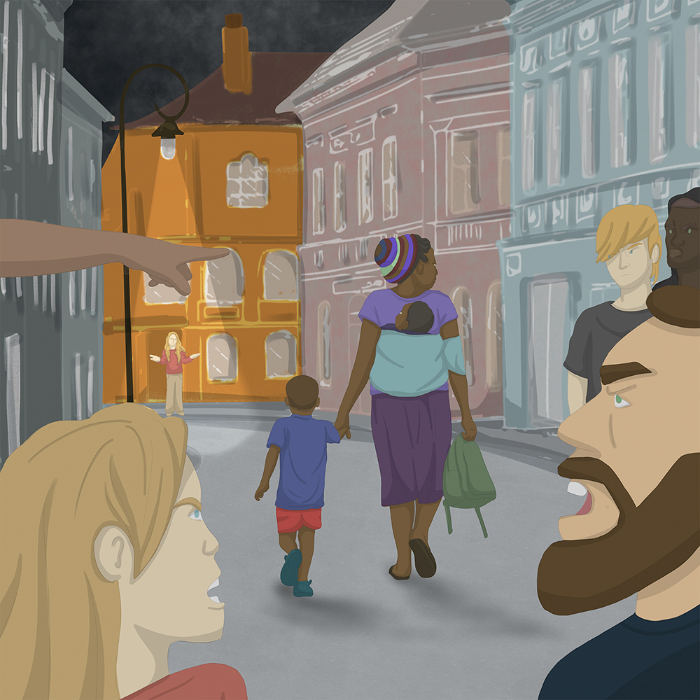 Ilustracion de una mujer afro y sus dos hijos pequeños caminando por una calle de una ciudad fuera de Colombia, y extranjeros mirándola con menosprecio  