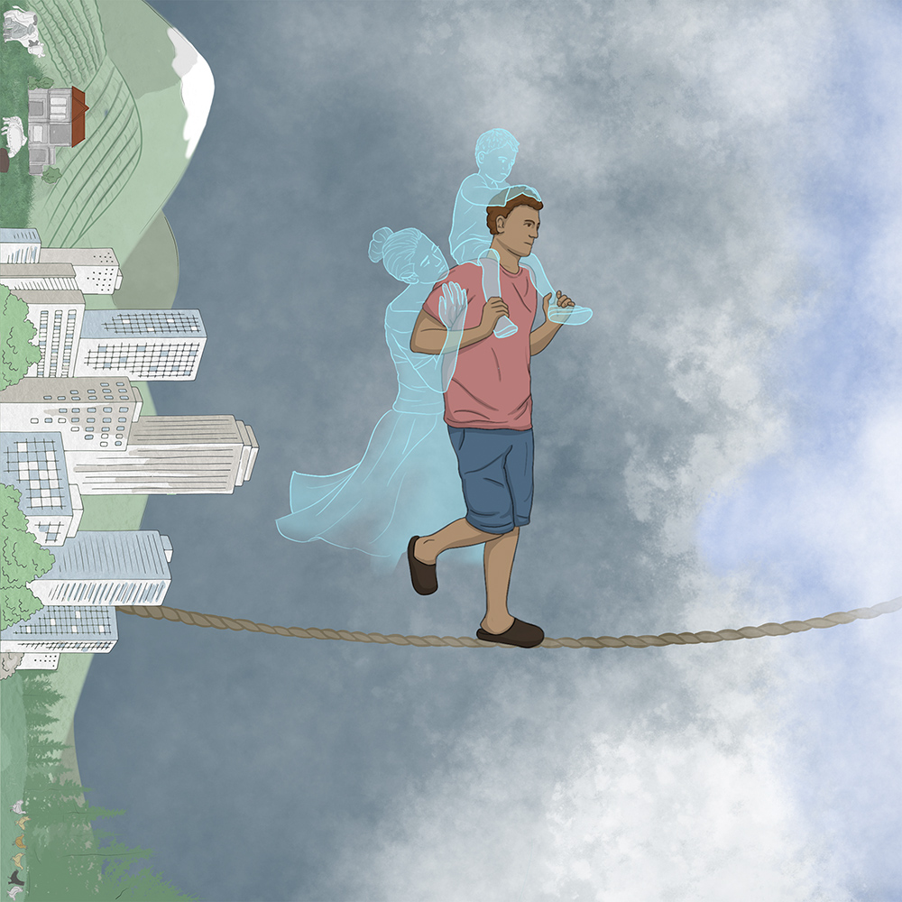ilustración de un hombre caminando por una cuerda floja que va desde una ciudad hacia una niebla, a la espalda del hombre la imagen de una mujer y su hijo como si fueran espectros del 