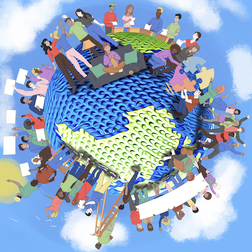 Ilustración del planeta tierra tejido en crochet, y al rededor de el muchas personas multiculturales  