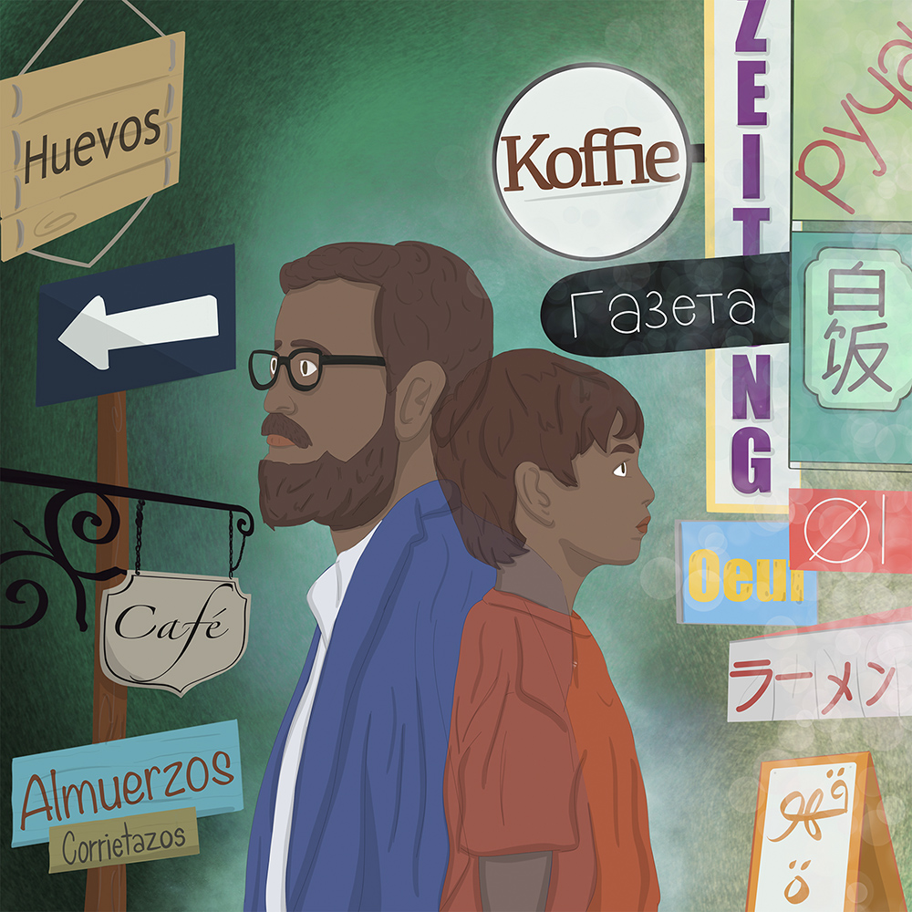 Ilustración de un padre y su hijo mirando en diferentes direcciones, a su alrededor letreros en diferentes idiomas 
