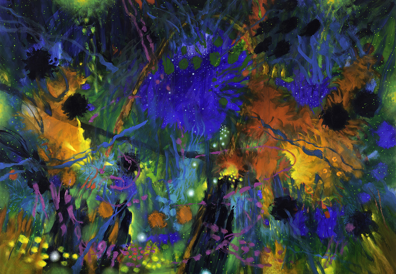 Pintura con colores vibrantes, manchas superpuestas que evocan a vegetación selvática y cielo estrellado 