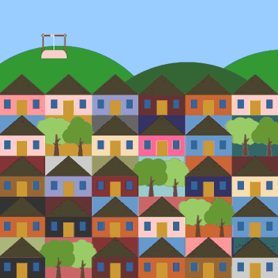 Animación del paso del día a la noche en un barrio lleno de casas coloridas, árboles y columpios