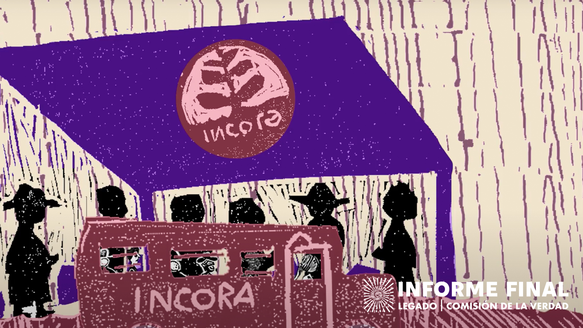  Ilustración de personas bajo un techo con el texto: incora. Al frente pasa un bus con el texto: incora