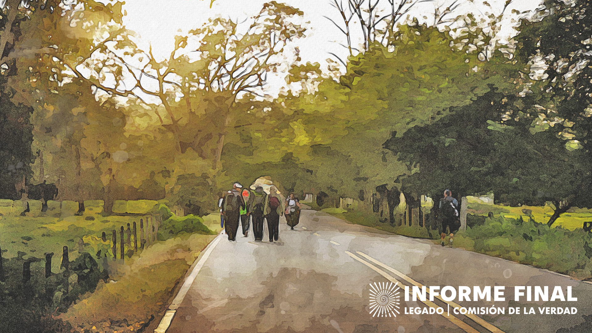 fotografía intervenida de personas con morrales caminando por una carretera