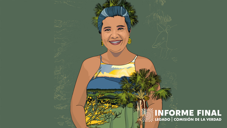 ilustración de mujer con vestido de paisaje, sonriendo de frente