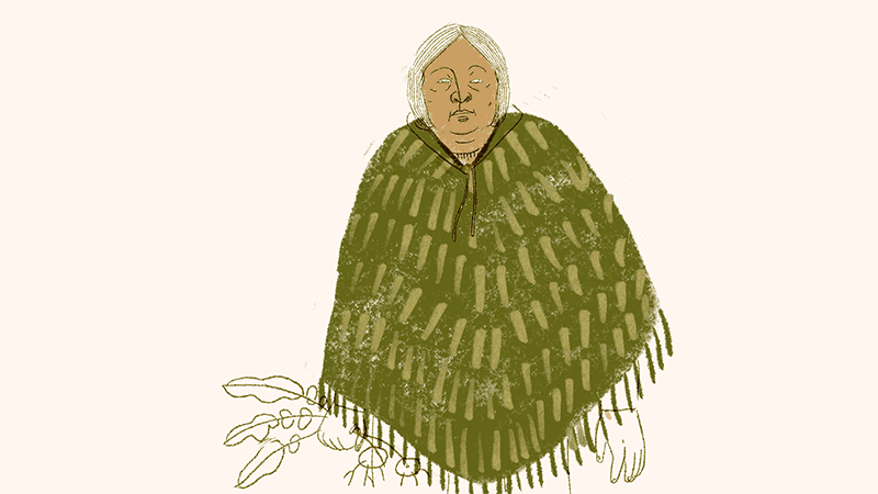 Gif ilustrado de mujer adulta con ruana verde, tiene plantas en la mano derecha, su ropa se mueve con el viento, sonríe.