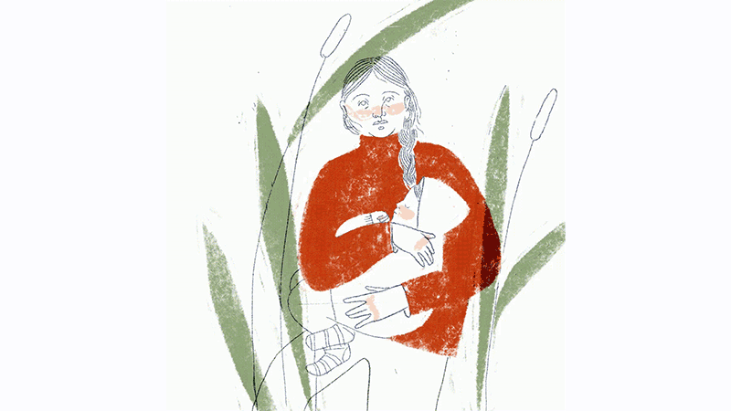 Gif, Ilustración de Esperanza, campesina con cabello trenzado a un lado y buzo rojo, lleva niño en brazos, detrás se mueven plantas