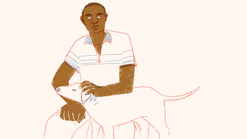 Gif, ilustración de Luis, hombre afro con una mano sobre la pierna y la otra sobre la cabeza de un perro al cual acaricia.