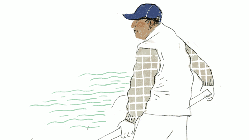 Gif, ilustración de un hombre de perfil, con remo en la mano, chaqueta manga larga y gorra azul, ondas de agua se mueven al fondo