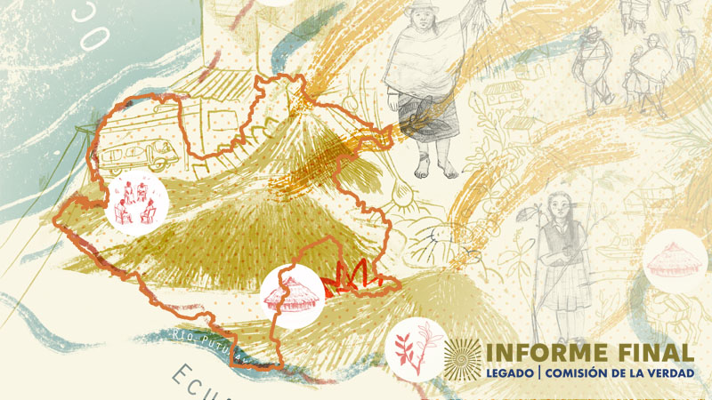 Ilustración de mapa frontera con Ecuador, lleva dibujos encima de cuatro volcanes, familias campesinas, casas, plantas y río Putumayo.