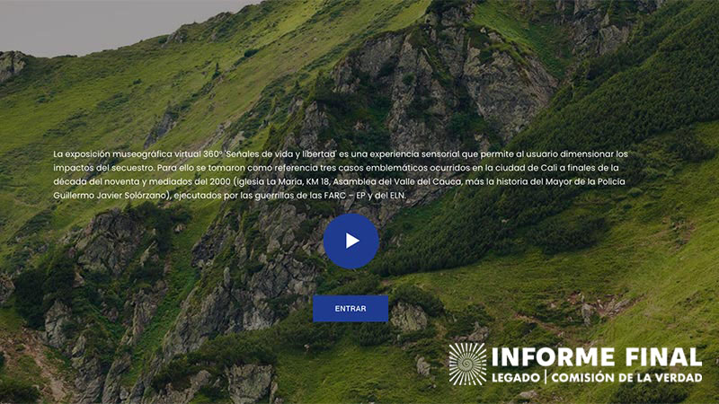 En el fondo foto de un fragmento de montaña, en primer plano un texto informativo sobre la exposición muserogrbfica virtual 360 titulada Señales de vida y libertad.