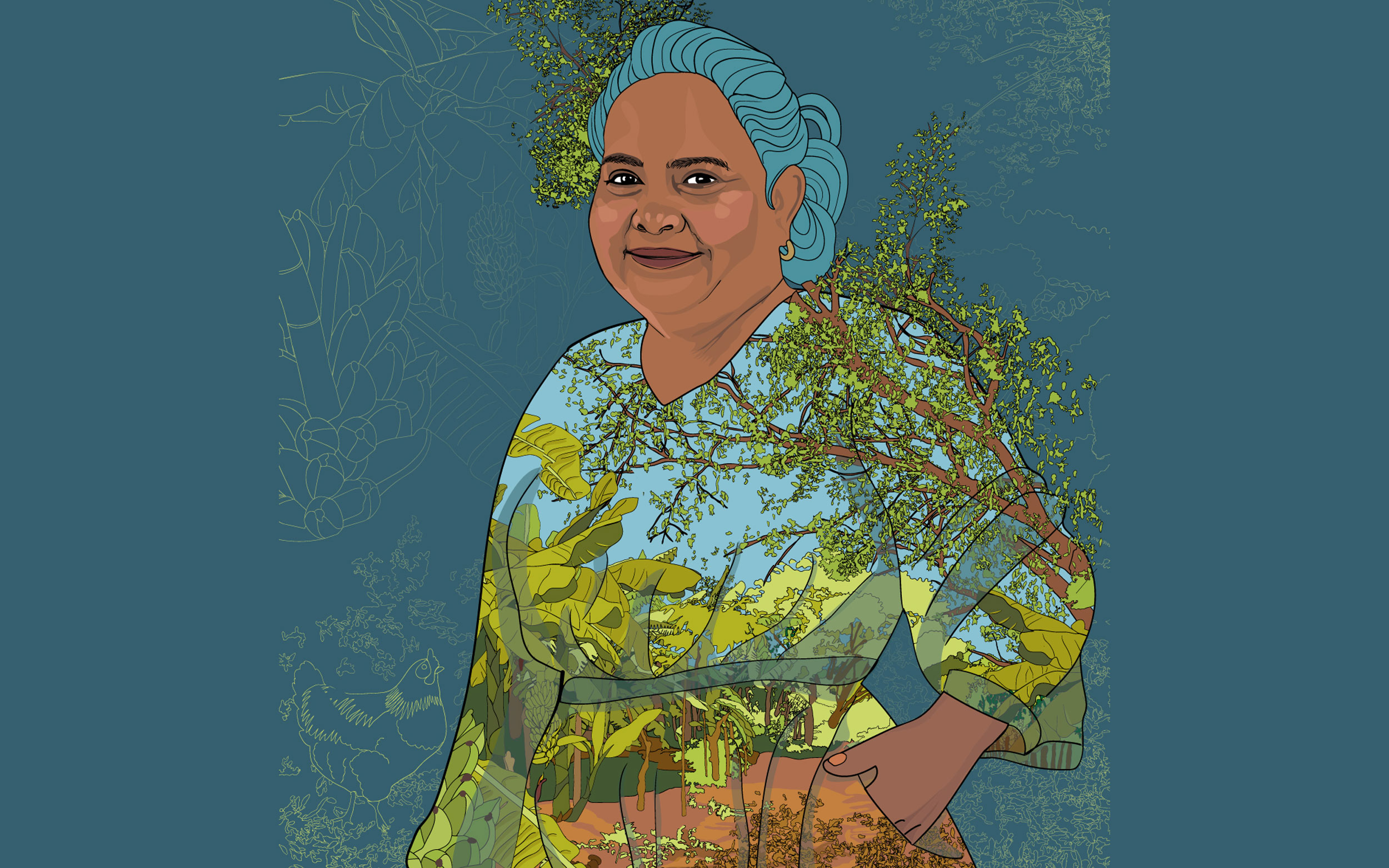 Retrato ilustrado de Beatriz con un vestido estampado con un paisaje, del que surgen ramas de árboles. Fondo con plantas