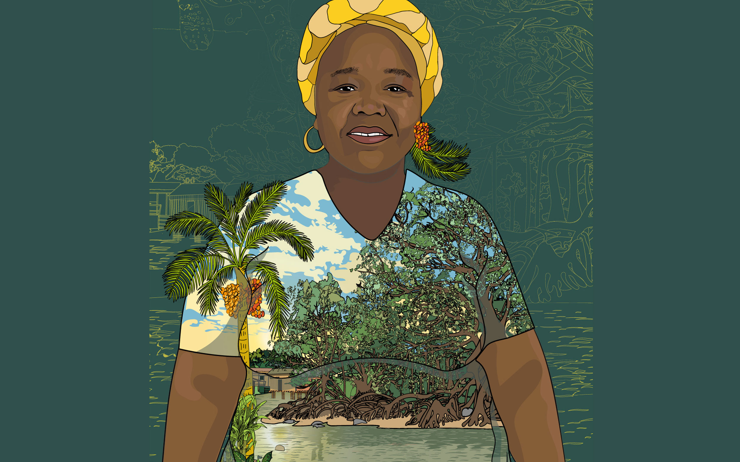 Retrato ilustrado de Gloria Amparo con turbante amarillo, estampado en el blusón hay un paisaje con palmas