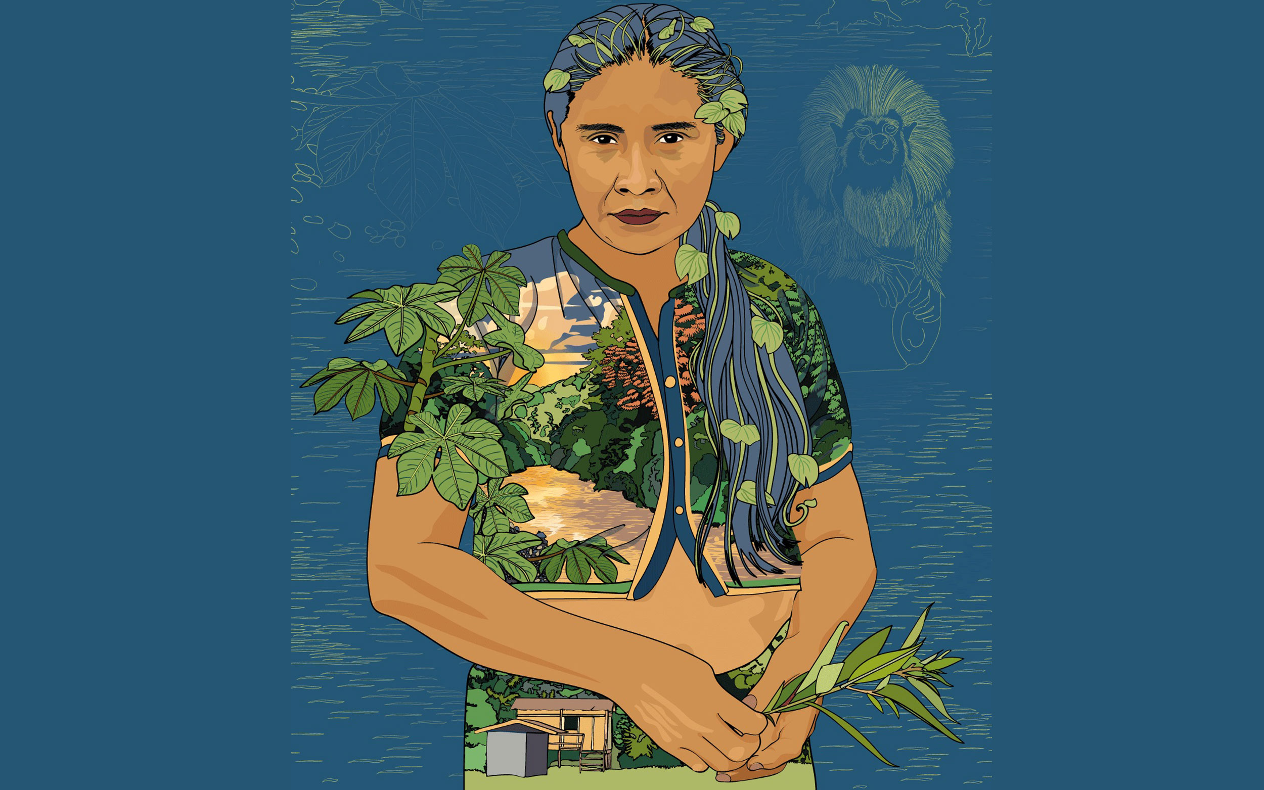 Retrato ilustrado de María rodeada de plantas, mirada profunda, pelo recogido. Vestido de dos piezas con paisaje selvático estampado