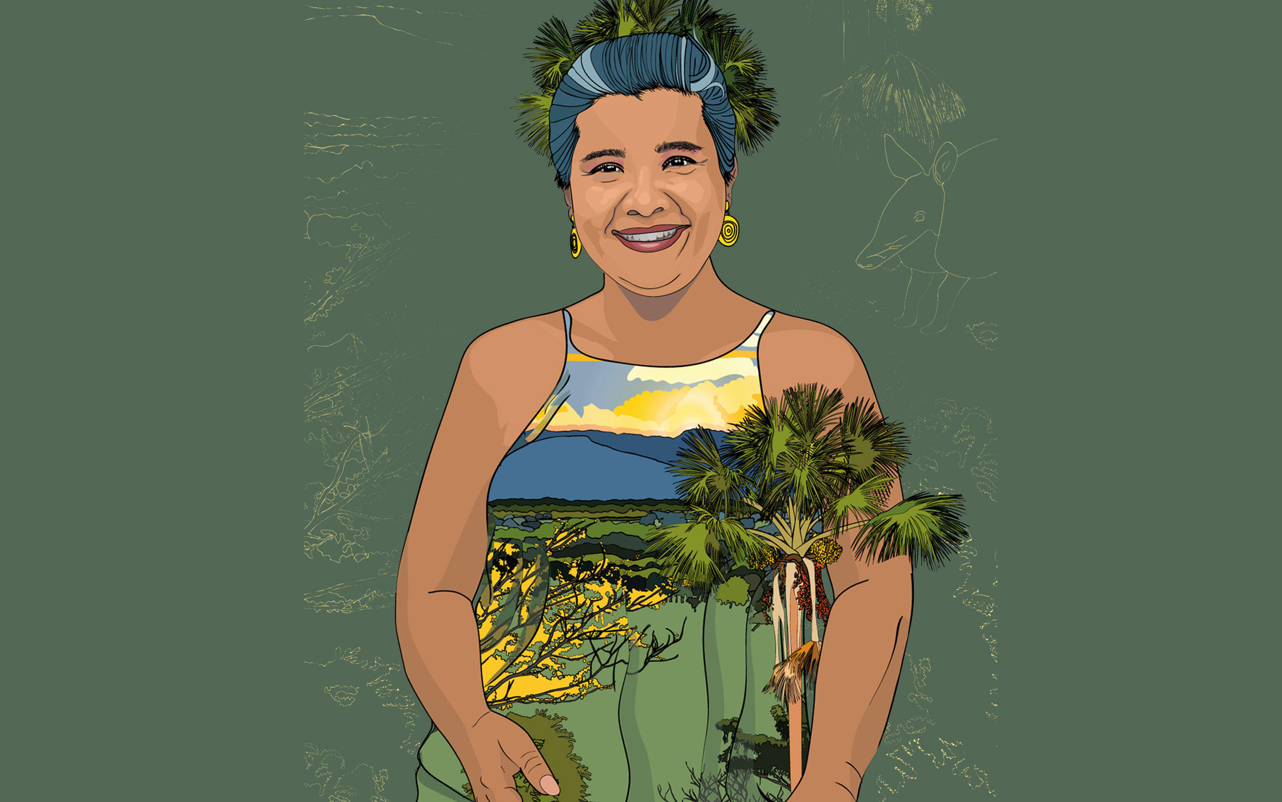 Retrato ilustrado de Viviana, pelo recogido. Vestido de tiras con paisaje estampado, hojas de palma a su alrededor