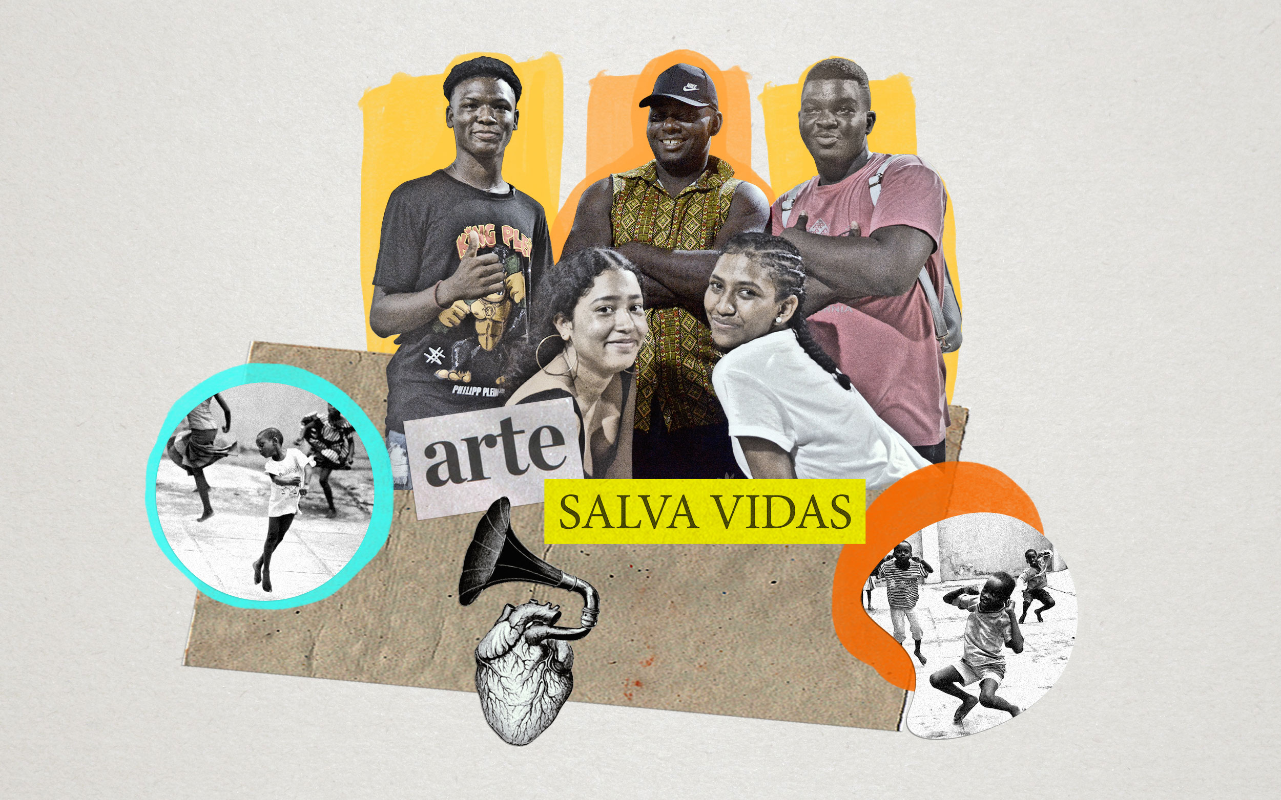 Collage de tres hombres y dos mujeres, letrero arte y salva vidas, niños bailando, dibujo de corazón del cual sale un gramófono