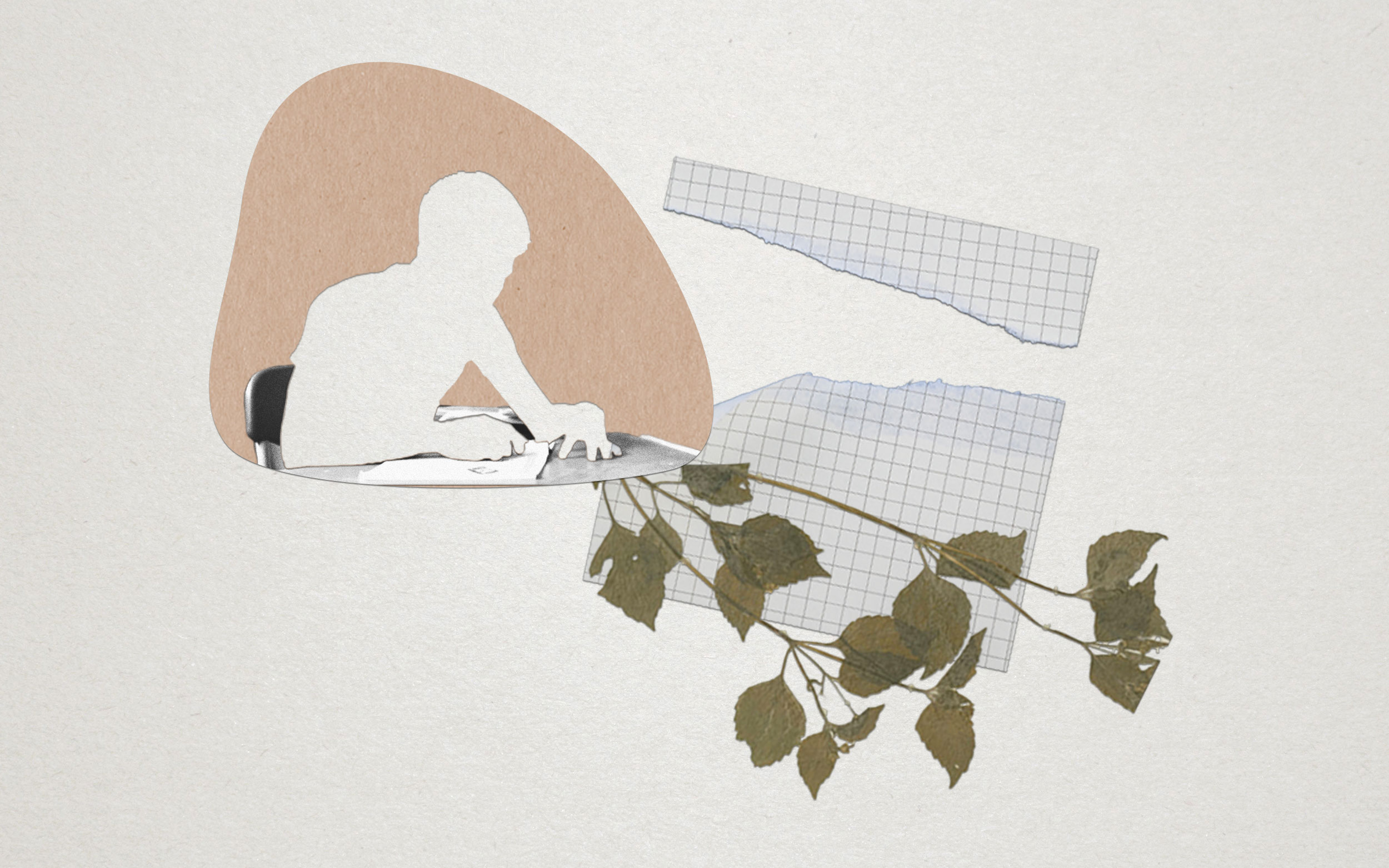 En recortes de papel, silueta de un joven sentado en un escritorio, hoja cuadriculada rasgada en dos y hojas secas 