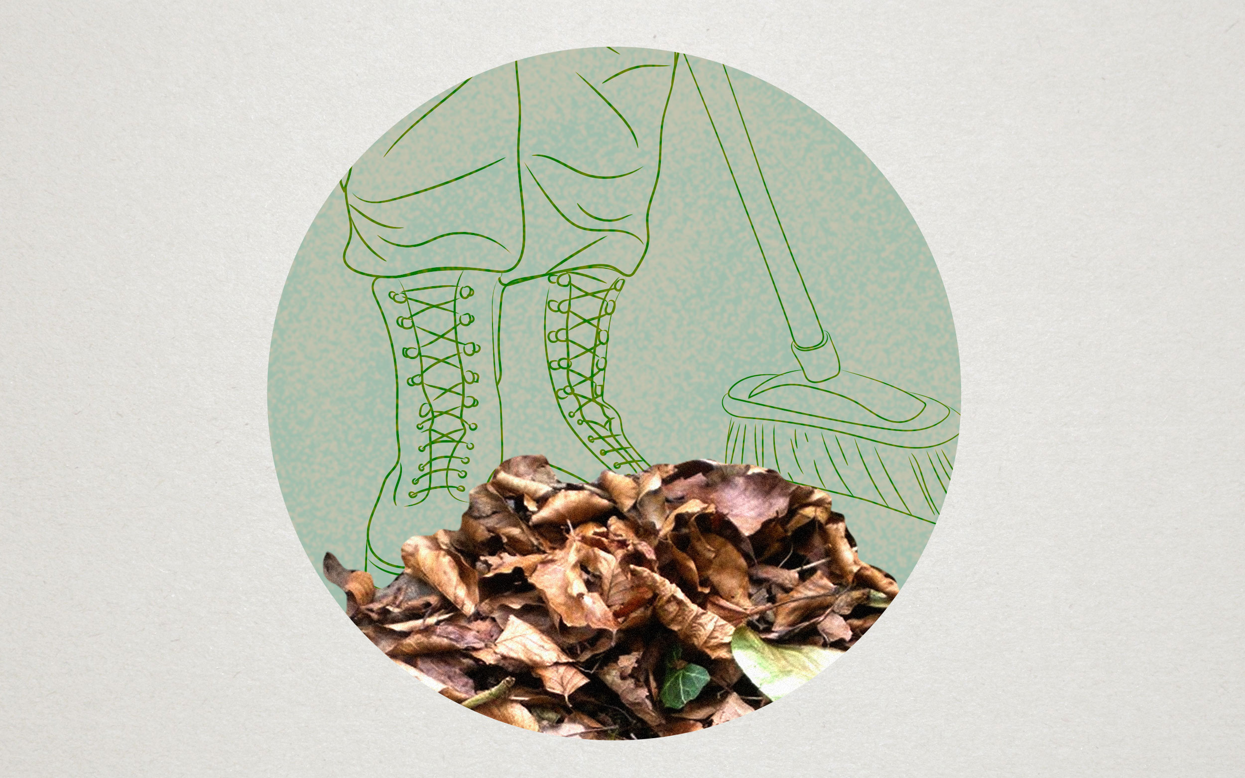 Collage con dibujo en línea de unas botas militares y una escoba, abajo el recorte de una foto de hojas secas apiladas