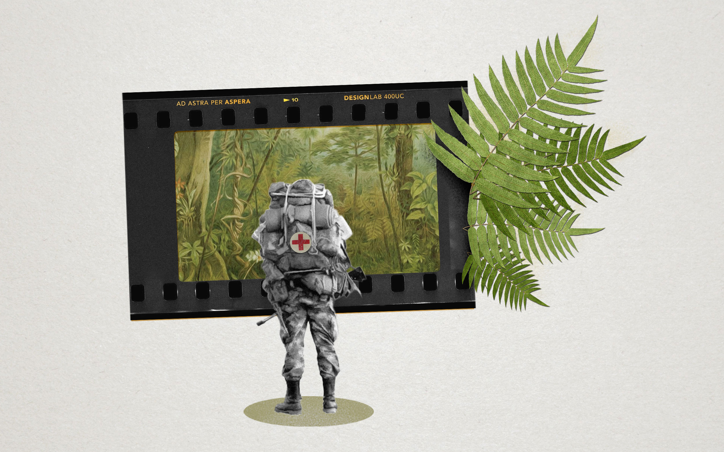 Collage con militar de pie frente a un negativo fotográfico, que como una pantalla presenta hojas de helecho y la selva