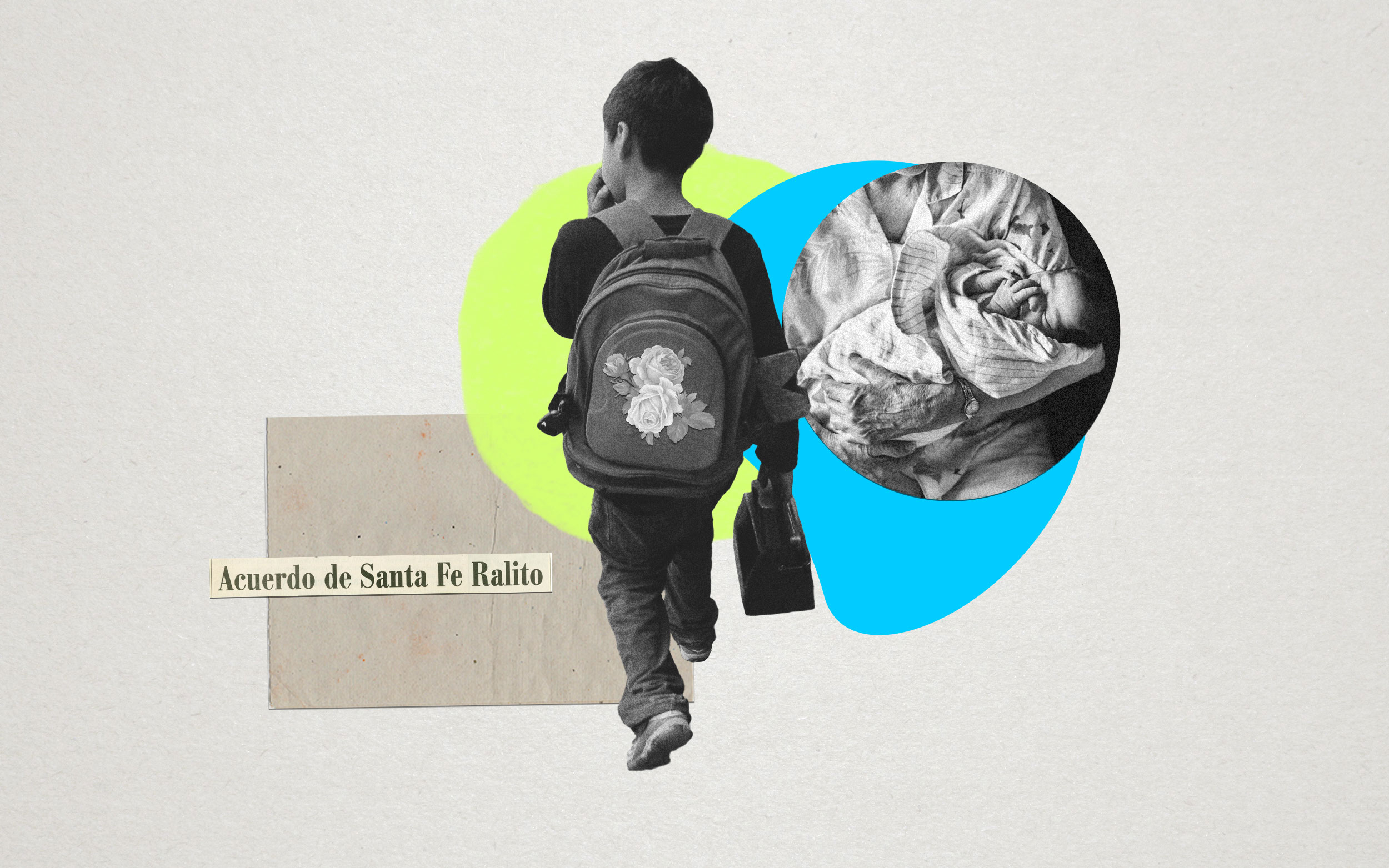 Collage, niño con caja de lustrar zapatos y morral, texto Acuerdo de Santa Fe de Ralito y recorte de abuela cargando a un bebé