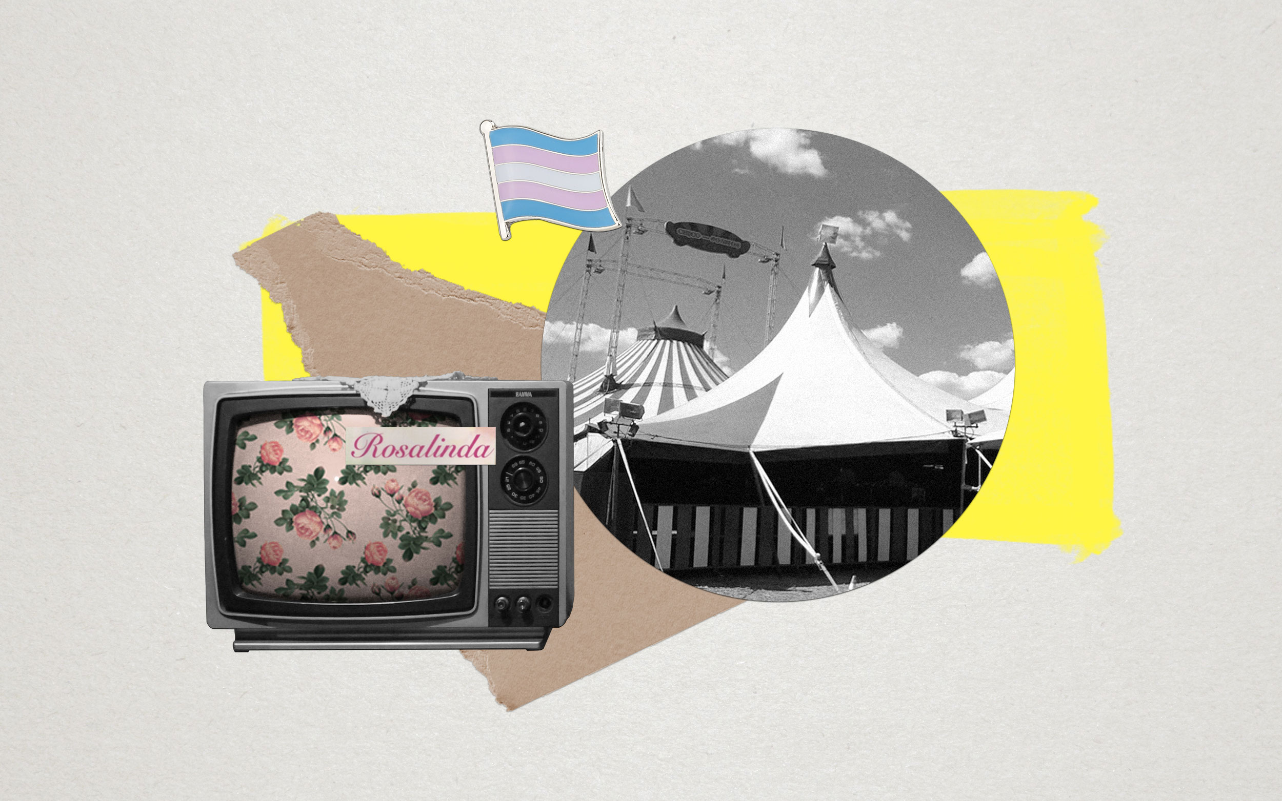 Pin de bandera trans, foto de circo a blanco y negro, abajo un televisor viejo presenta un letrero que dice “Rosalinda” y fondo de rosas