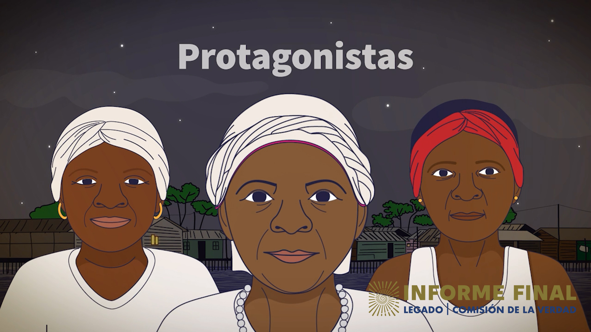 Ilustración de 3 mujeres afro con turbantes. Arriba el texto: Protagonistas