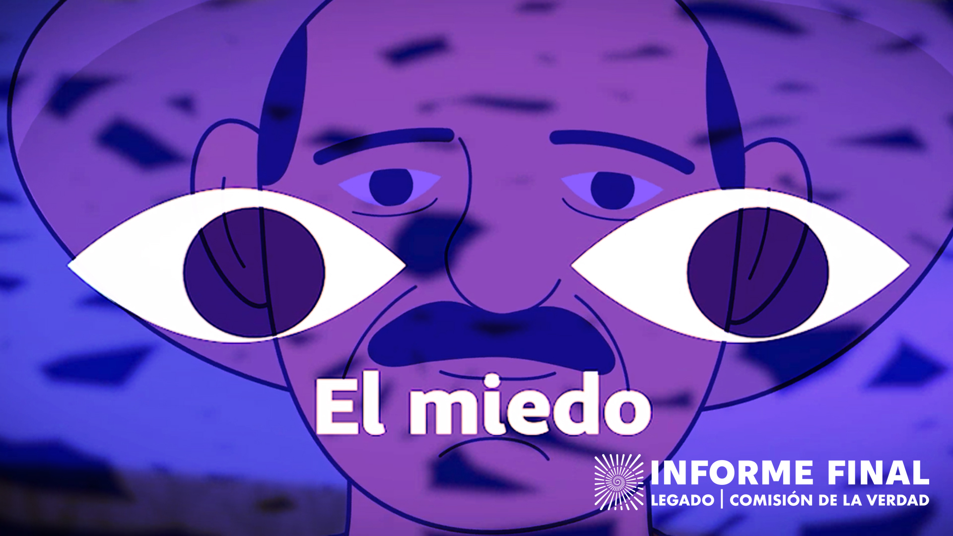 Ilustración del rostro de un hombre con sombrero y bigote. Sobre la imagen, 2 ojos y el texto: el miedo