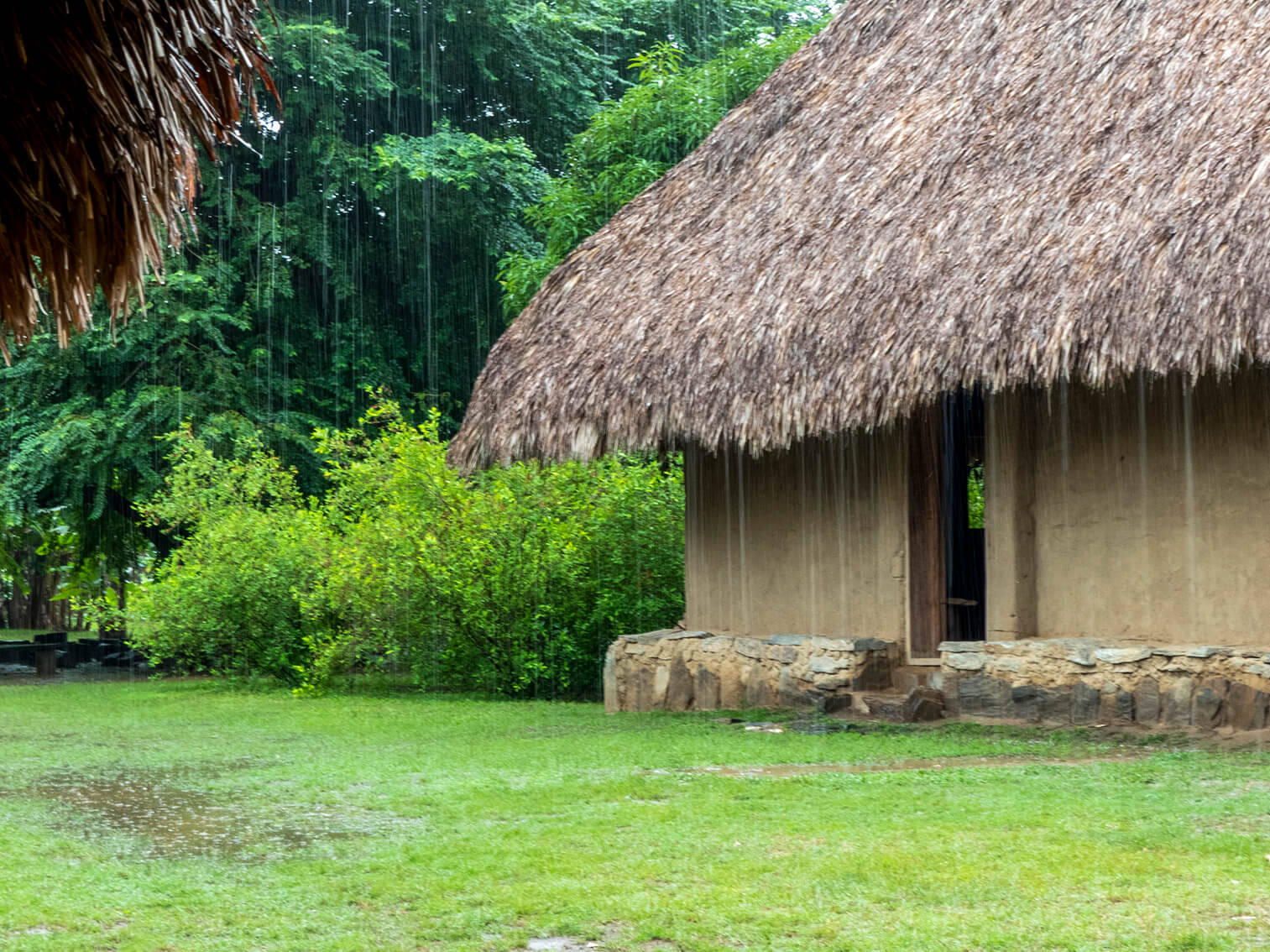 Llueve sobre un poblado indígena arhuaco. Una casa de techo de paja recibe el agua que cae a chorros sobre el pasto.