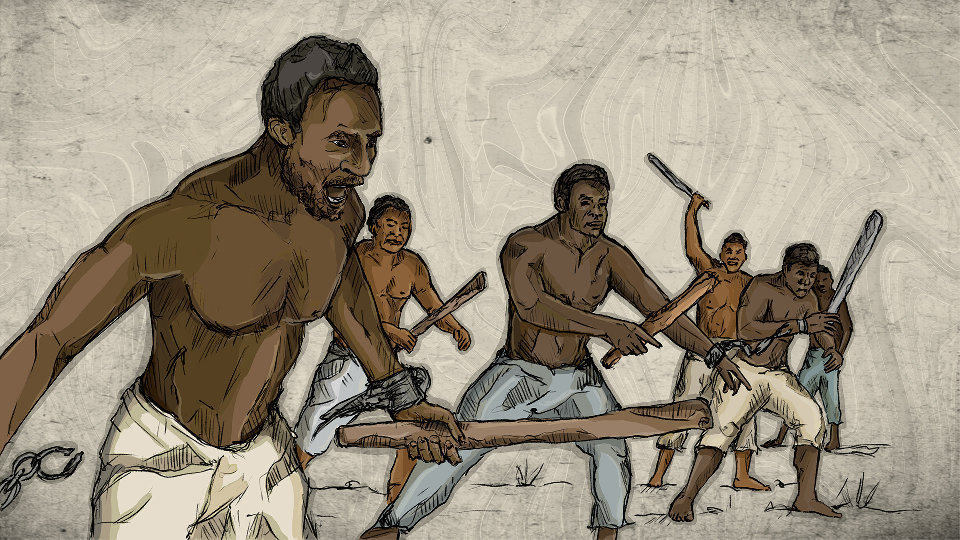 hombres esclavizados luchando en grupos contra la colonia para la liberacion
