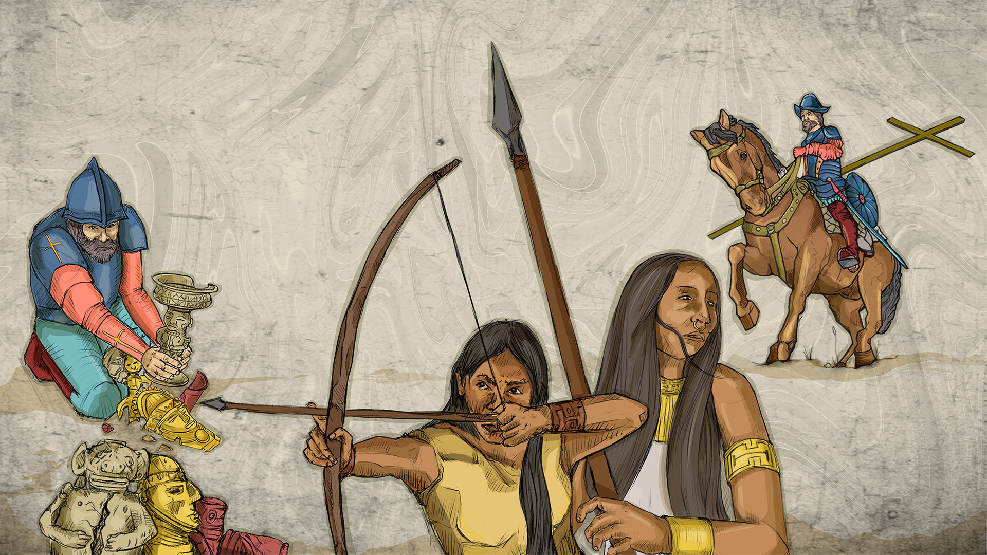 indigenas apuntando una fleca y colonos imponiendo la religion y el saqueo