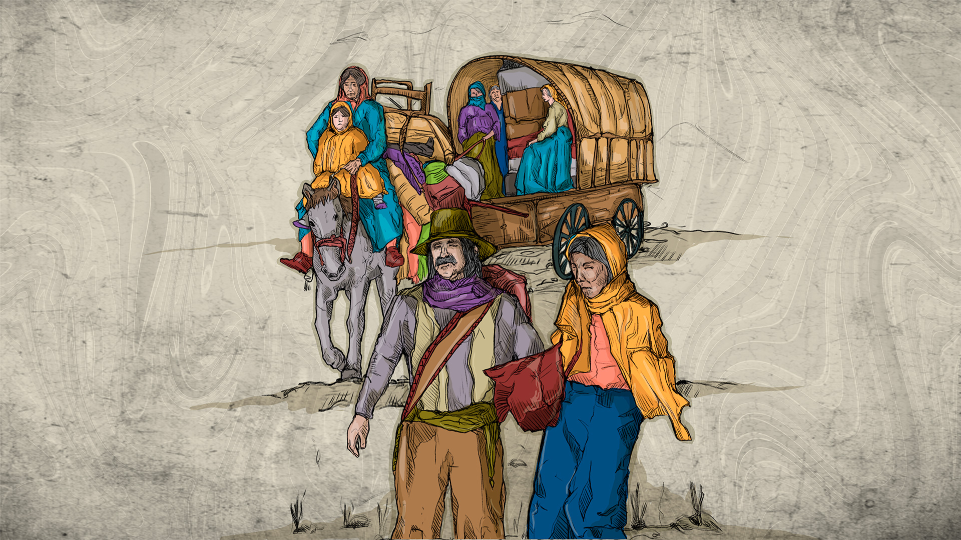 llegada del pueblo gitano y rom en una carreta con niños y equipaje 
