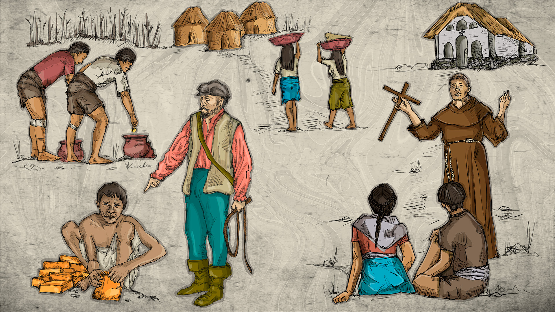 Colonos obligando a los nativos indigenas a realizar trabajo forzado y cura evangelizando campesinos