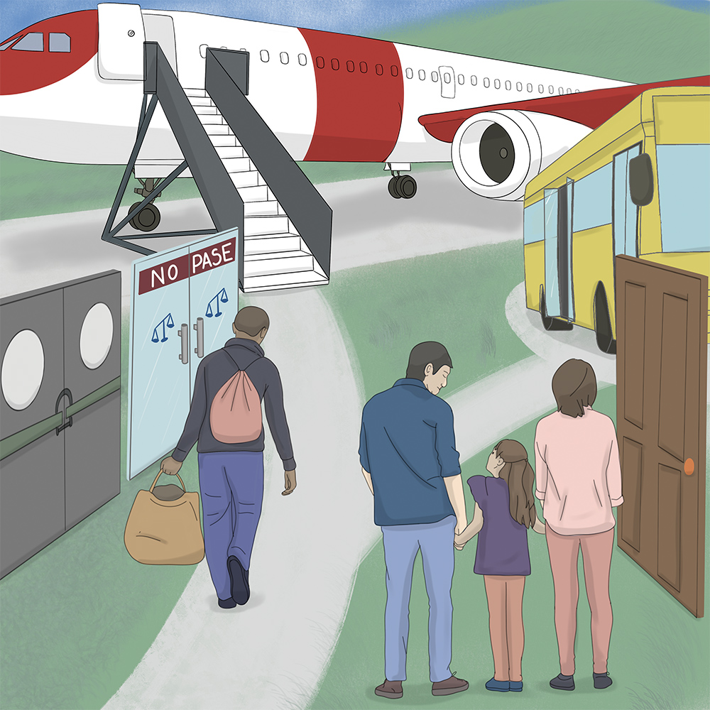Ilustración de un hombre y una familia rodeados de puertas cerradas, y un único camino de salida, hacia un bus y un avión