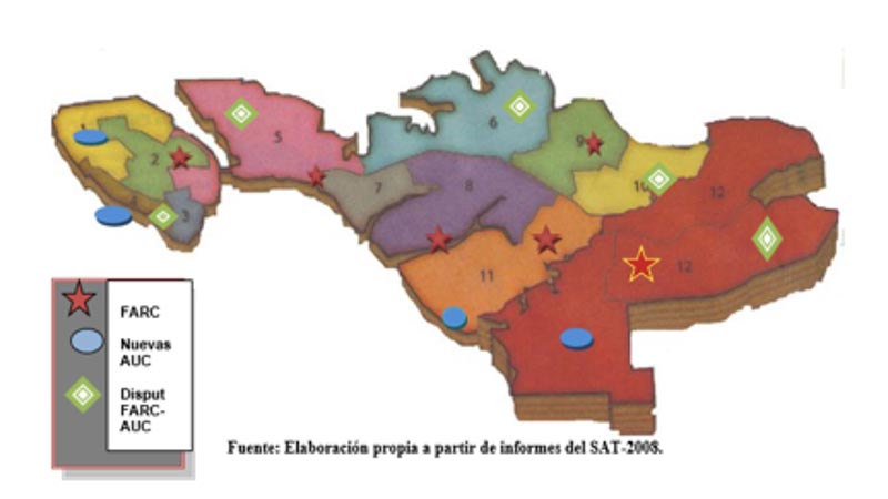 Mapa: posicionamiento de actores armados en el casco urbano de Buenaventura (2008). 