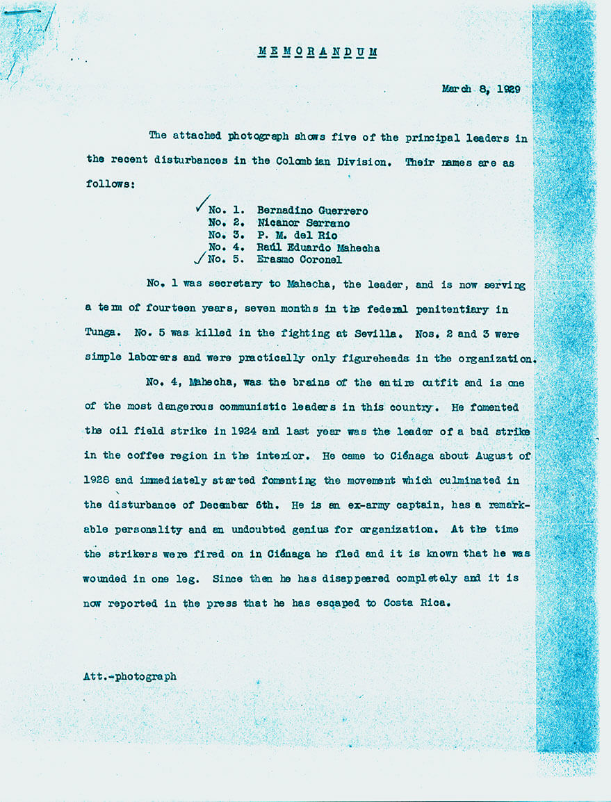 Memorando de United Fruit Company fechado el 8 de marzo de 1928