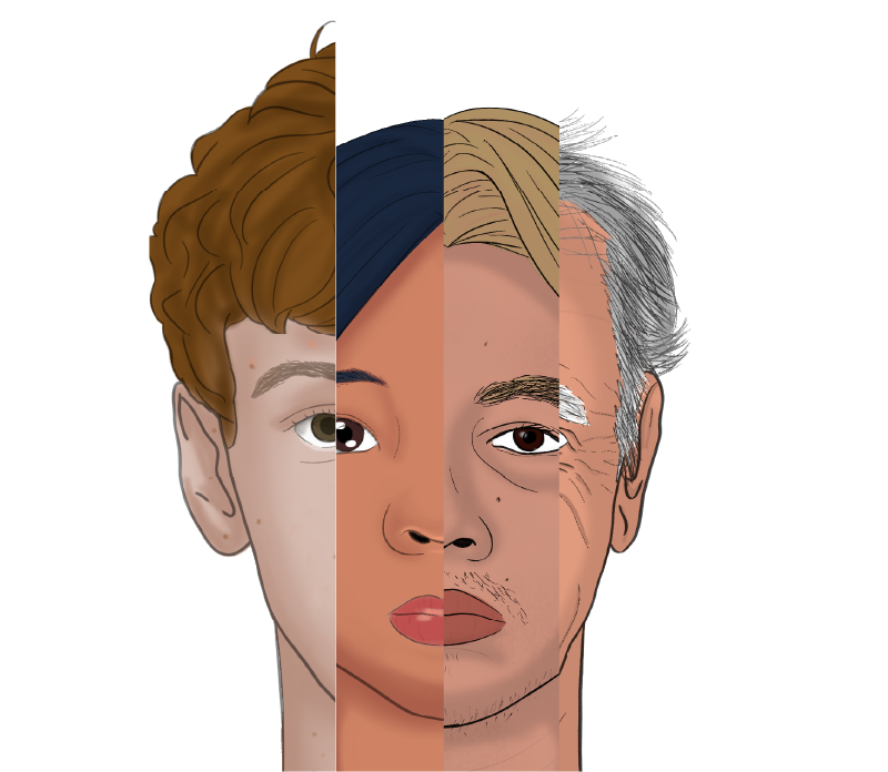 Ilustración de un rostro hecho de varios rostros, representando la diversidad y multiculturalidad
