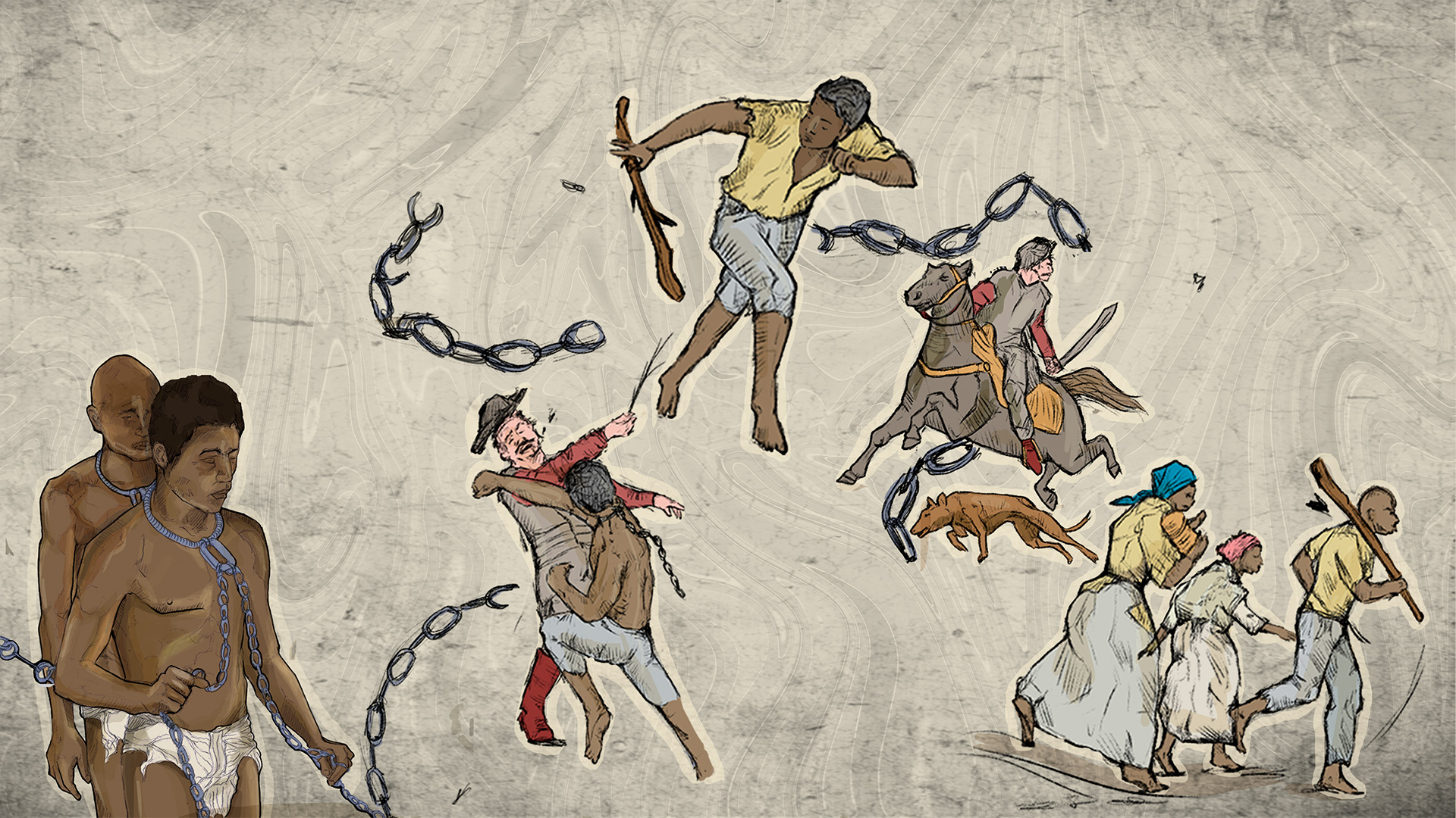 hombres afrodescendientes atados a cadenas y al fondo hombres afrodescendientes luchando y huyendo de los esclavistas