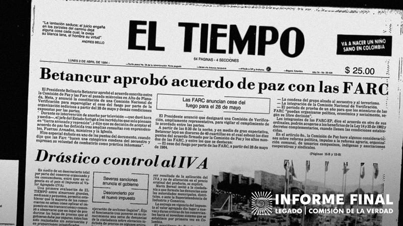 Fragmento antiguo de periódico con titular: “Betancur aprobó acuerdo de paz con las FARC”