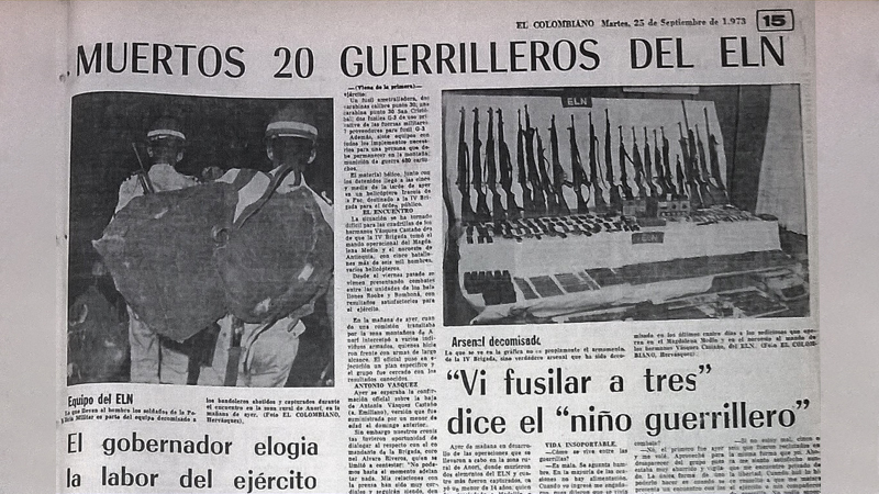 Fragmento antiguo de periódico con titular: “MUERTOS 20 GUERRILLEROS DEL ELN”