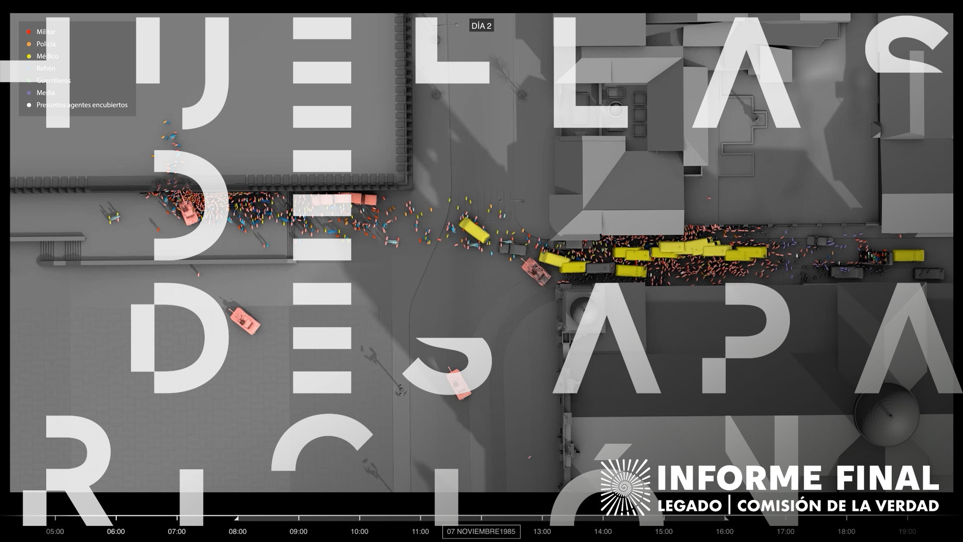 Vista aérea 3D con calles, techos de edificios, vehículos y personas. Diseño de texto “HUELLAS DE DESAPARICIÓN” 