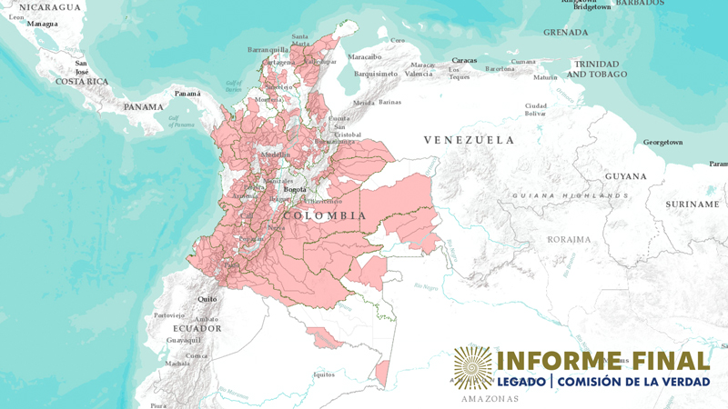 Mapa de Colombia y zonas con presencia territorial de los actores armados resaltadas