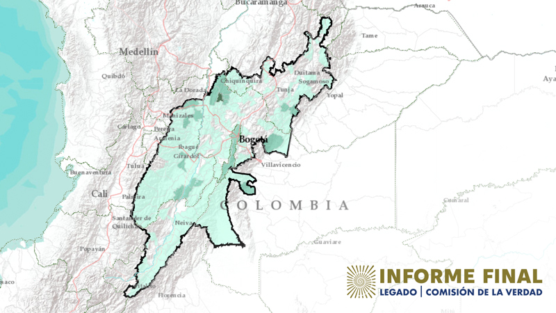 Fragmento de mapa colombiano con municipios resaltados donde se han presentado desplazamientos