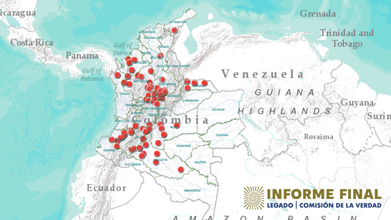 Mapa de Colombia con marcadores en las zonas donde las FARC realizaron incursiones