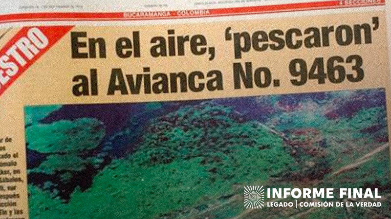 Recorte de periódico antiguo con titular "En el aire, 'pescaron' al Avianca No. 9463"