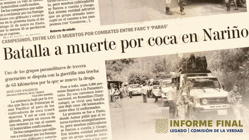 Recorte de períodico con título "Batalla a muerte por coca en Nariño"