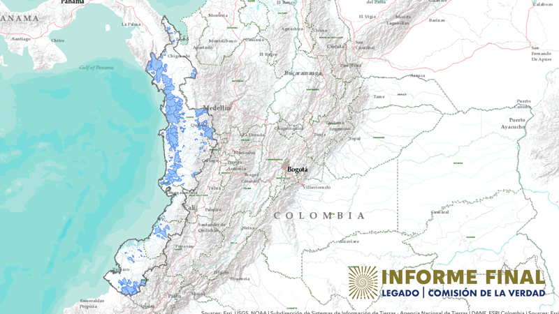 Mapa de Colombia con ubicaciones de resguardos indígenas resaltadas