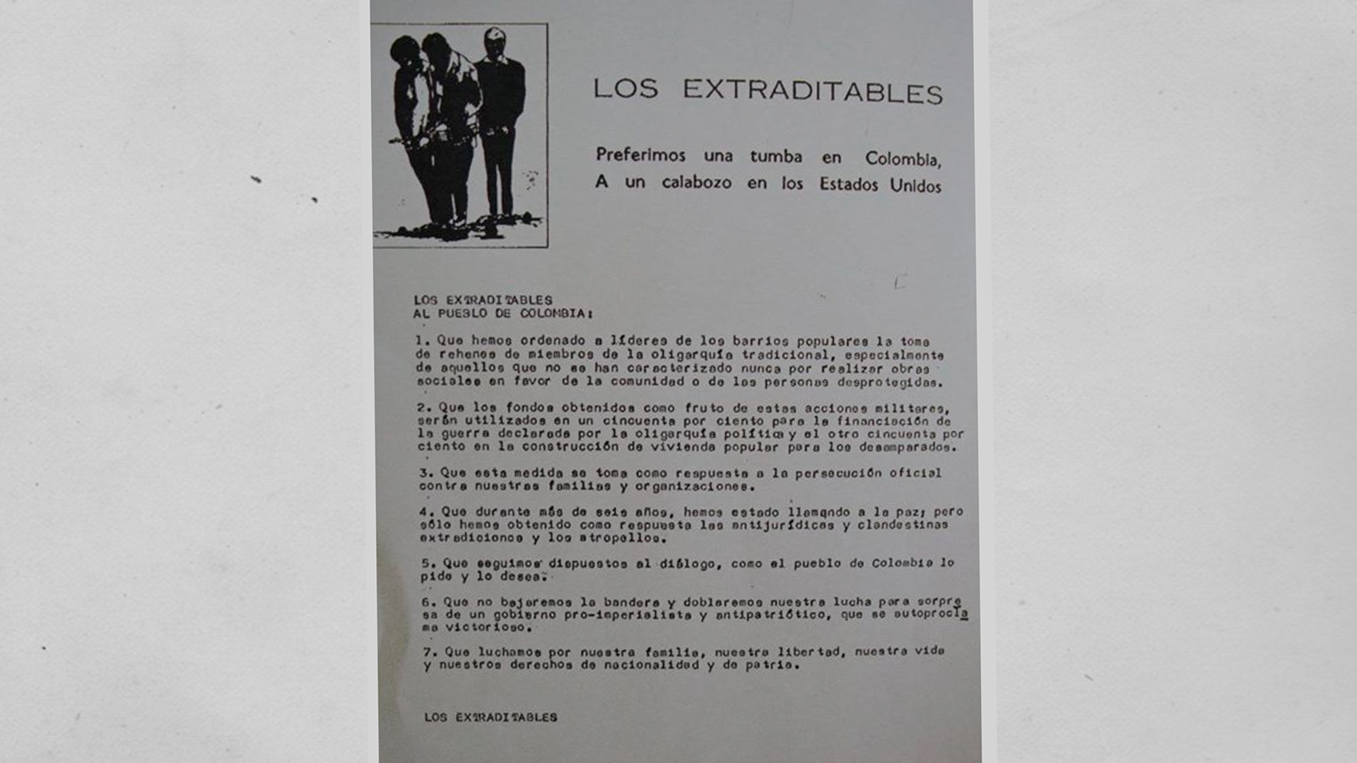 Recorte de comunicado "Los Extraditables"